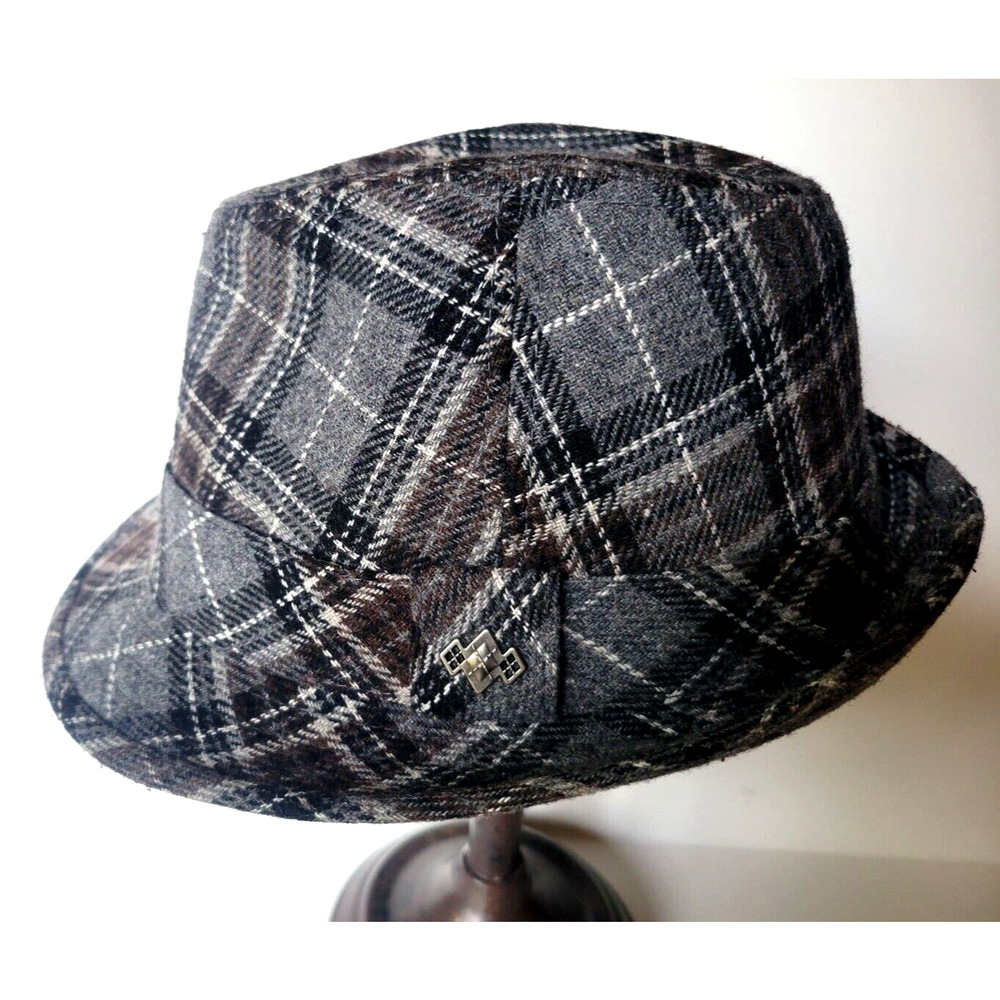 RUSSELL SIMMONS Gray & Brown Plaid Men's M/L Wool Fedora Lined Dress Classy
